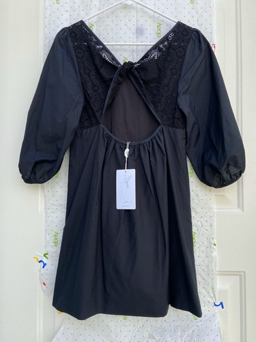 TIBI Black Mini Dress Crochet Lace Eyelet Shift Cut Out Tie Back NWT New - Picture 6 of 11