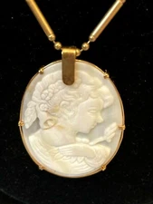 14K Yellow Gold Cameo Pendant Hand Carved  Mother of Pearl Oval 2"L x 1.25"W NEW