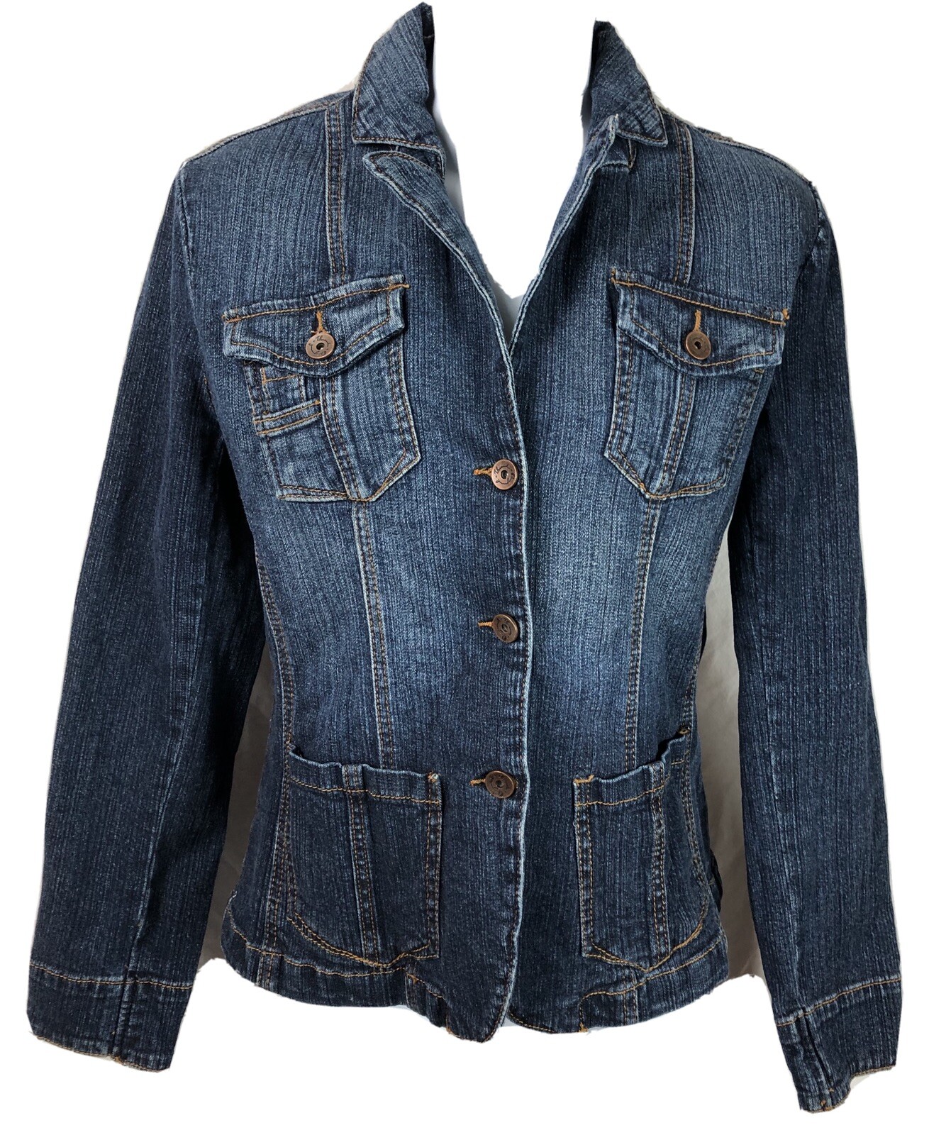 Vintage Jean Jacket M Dk Denim Cut In Stretch Button Front Notch Collar Grunge