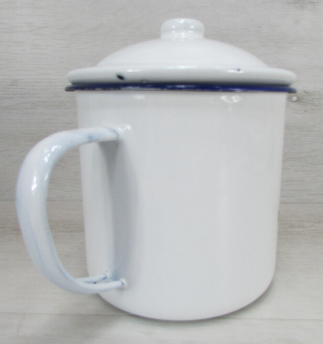 Taza grande vintage esmaltada fresa blanca azul con tapa y mango Huoshen - Imagen 9 de 16