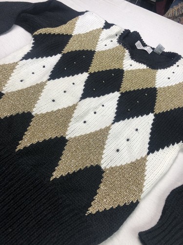 Maurada Sweater Geometric Glitter Gold Black White Woman Size XL Elegant - Picture 2 of 6