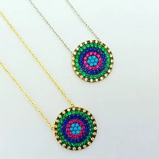 925 Sterling Silver / Gold Cubic Zirconia Turquoise Evil Eye Mati Nazar Necklace