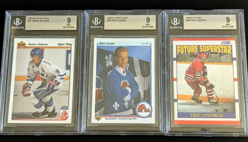 🔥3 BGS 9 MINT ROOKIE CARDS ERIC LINDROS TEEMU SELANNE MATS SUNDIN UPPER DECK RC