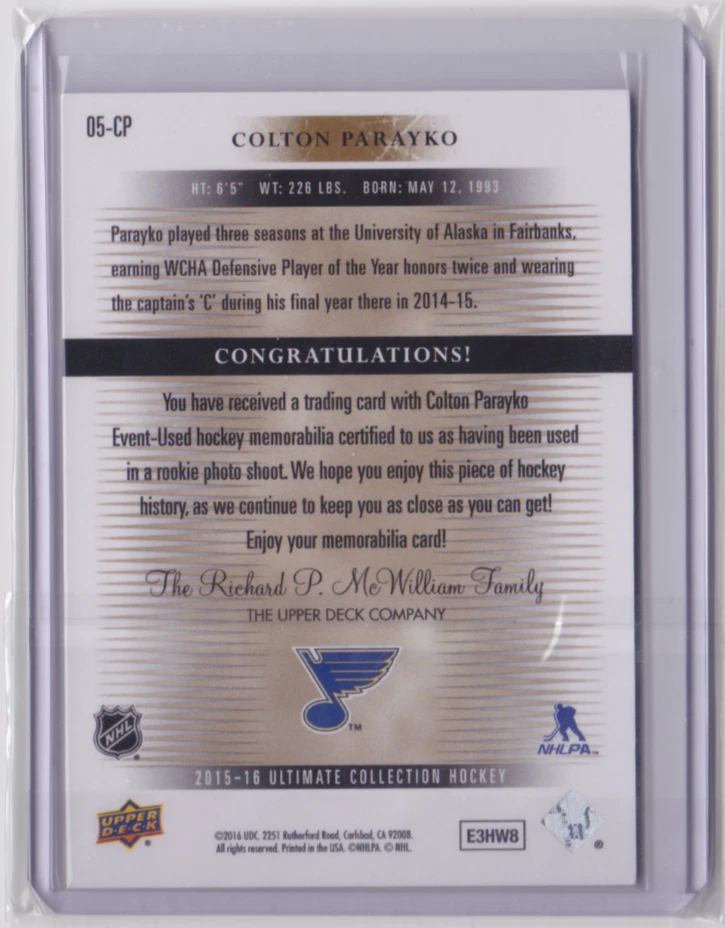 15-16 ULTIMATE COLLECTION 05-06 RC SILVER JERSEY/125 COLTON PARAYKO #05-CP BLUES - Image 2 of 2