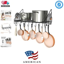 Elegant 28-Inch Wall-Mounted Pot Rack with 12 Hooks & Lid Holders - Sturdy Steel