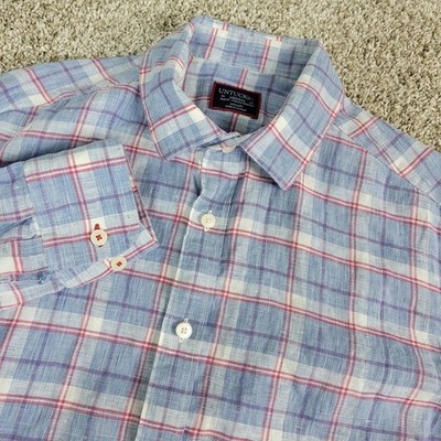 Untuckit Slim Fit Wrinkle Resistant Mens Medium Blue Plaid Button Up 100% Linen