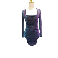Olive Tree Metallic Ruched Bodycon Mini Dress XS Purple Blue Shimmer