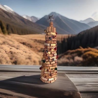 Handmade 20'' Christmas Tree Wine Corks Table Top With Fairy Lights Jingle Bells