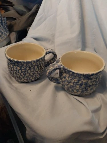 Set of 2 Workshops Of Gerald Henn Roseville Blue Spongeware Soup Coffee Mug