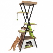 73" Wooden Multi-level Cat Tower w/Elevated Perch, Large Condo, Dangling Balls