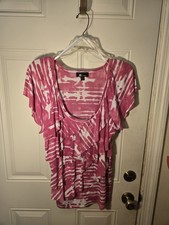 Vintage Pink And White Swoop Neck Top Short Sleeve Made In USA size Large