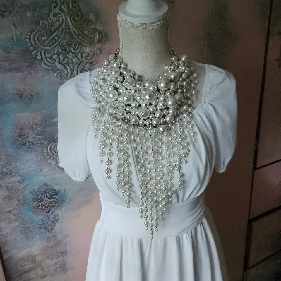 Oversized Statement Bib Necklace with Cascading Faux Pearls - Image 2 of 4