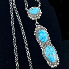 23" Blue Spiderweb Kingman turquoise Necklace, Sterling Silver Rolo Chain Navajo
