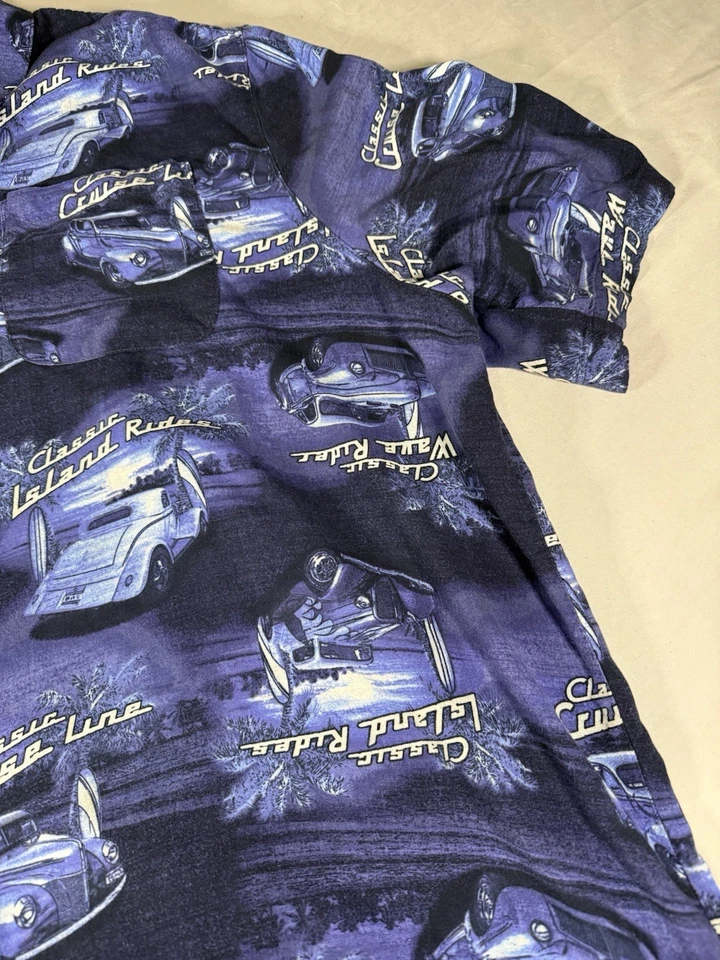 George 2XL Classic Island Rides Hot Rod Car Hawaiian Shirt Rayon Aloha Blue - Image 2 of 4