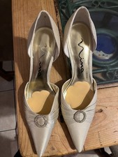 Nina Gold Pointed Toe Stiletto Pumps with Embellished Buckle Leather Upper