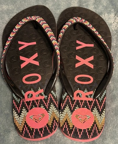 Women's ROXY Flip Flops for the beach Black Multi-color Bead Sandals/Flip Flops.