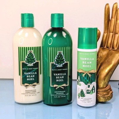 3 Pc Set Bath & Body Works Vanilla Bean Noel Shampoo Conditioner and Dry Spray
