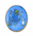 Michel Le Brun France Vintage Enamel Brooch Girl Goose Scene Blue Oval