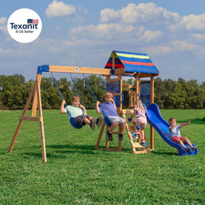 Bay Pointe Cedar Wood Swing Set with Wave Slide, Play Deck, Rock Wall Ladder, Be