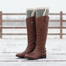 Women Boots Cover Topper Pair Grey Fabric Slip Ons Warmer Knit Crochet