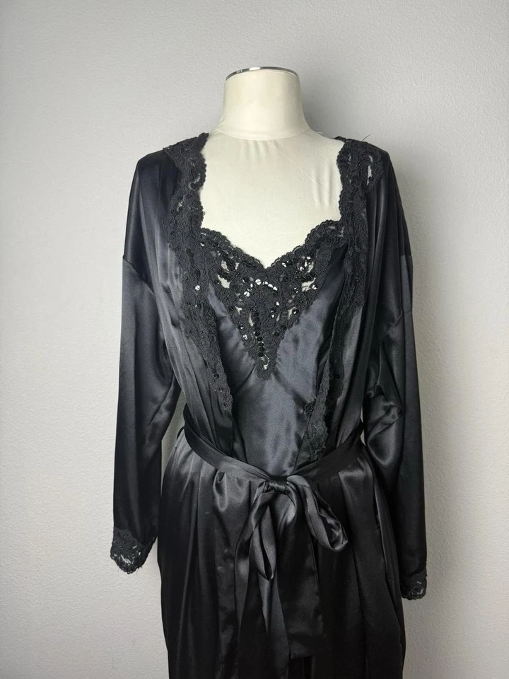 Vestido bata satinado lentejuelas con cuentas negras conjunto gótico Victoria's Secret vintage años 90 XS Foto 2 de 4
