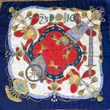 Vtg. Women  s Scarf Navy Light Blue Red and Yellow Cream Colors 35 Inch Square