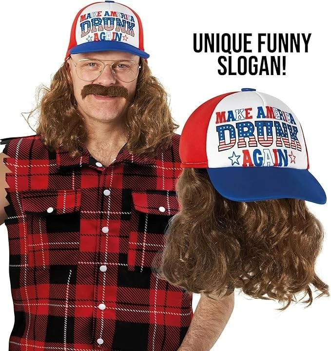 Sombrero de camionero para hombre + accesorio de disfraz Hillbilly cuello rojo pelo adulto + peluca salmonete Foto 2 de 4