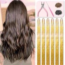 Champagne Gold Hair Tinsel Kit 48 Inches 1200 Strands with Tools and Instruction