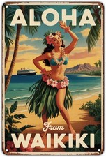 Aloha Waikiki Hawaii Vintage Hula Girl Tin Metal Signs Home D cor 8x12