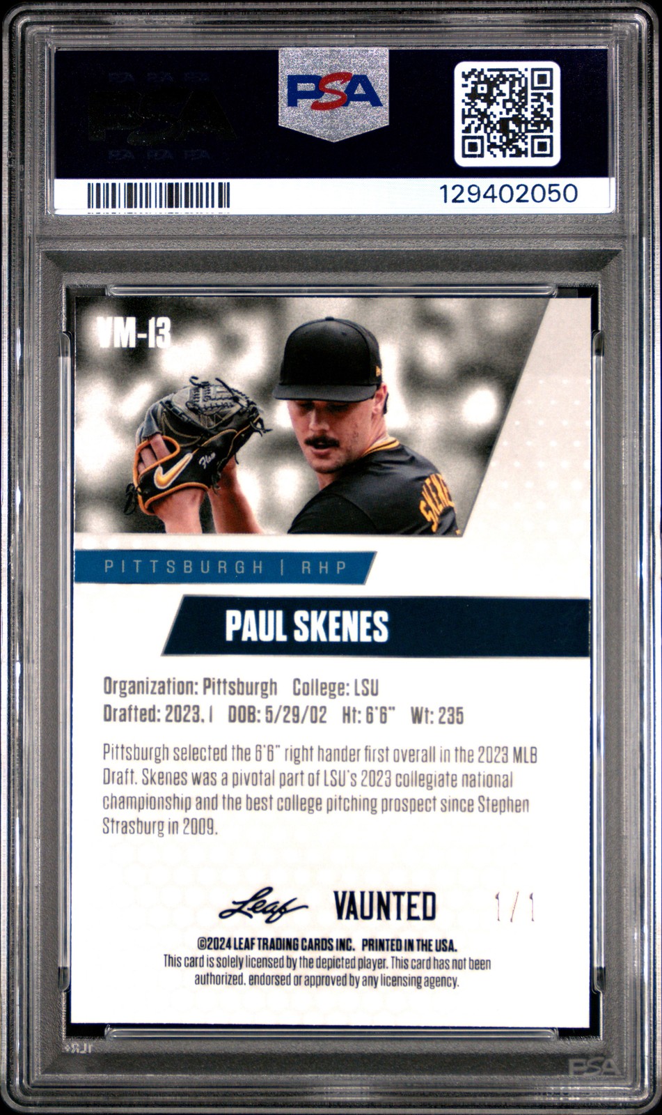 PSA 10 Paul Skenes 2024 Leaf Vaunted Metal #VM-13 Gold Superprismatic 1/1 Card view 2