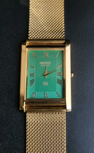 Vintage Seiko Slim Tank Quartz Men Green Dial Dress Watch-Free DDP Shipping