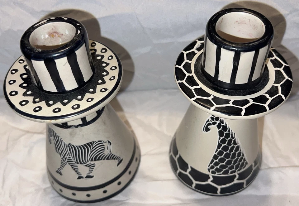2 candelabros de piedra de jabón Kenia tallados a mano - pintados de cebra y jirafa - marcados Foto 2 de 4