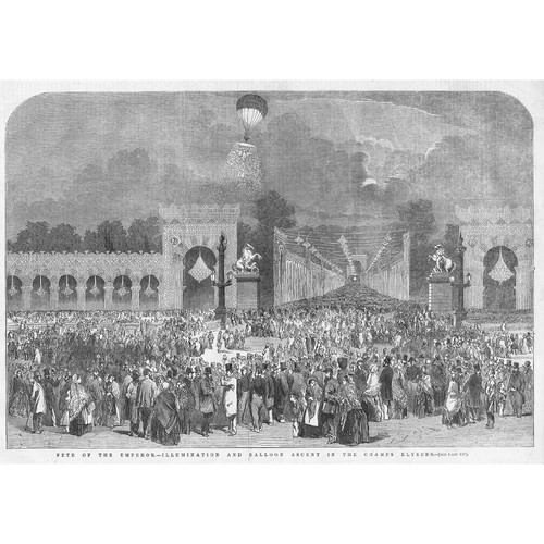 PARIS Fete of the Emperor, Balloon Ascent in Champs Elysees - Antique Print 1853