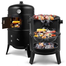 3-in-1 Outdoor Smoker Grill Portable Charcoal BBQ Camping Grill w/Smoker Combo