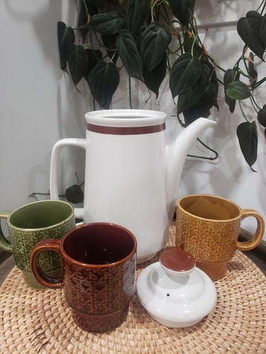 Vintage Japan Tee Kaffee Set Steingut Kanne mit 3 Tropfglasur Stapeltassen 70er Jahre  - Bild 2 von 16