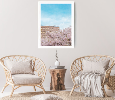 Blossom Trees Print, Building Wall Art, Cloudy Sky Framed Nature Wall Art, City