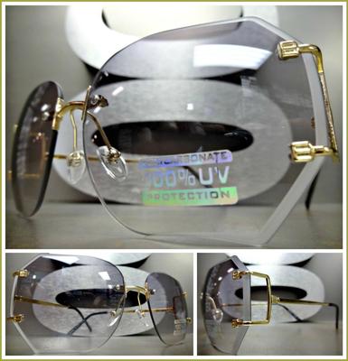 CLASSIC VINTAGE RETRO Style SUN GLASSES Gold Rimless Frame Light Gray Tint Lens