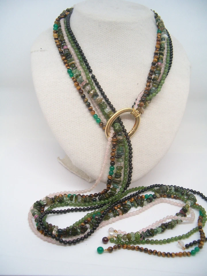 Collana con Onice, Occhio di Tigre, Giada, Tormalina, Quarzo Argento 925 e Oro - Immagine 2 di 4