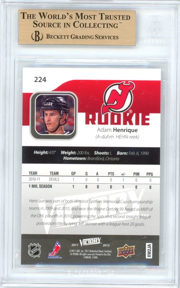POP 1: Adam Henrique RC BGS 9.5: 2011-12 Upper Deck Victory Rookie Card Gisto - Image 2 of 3