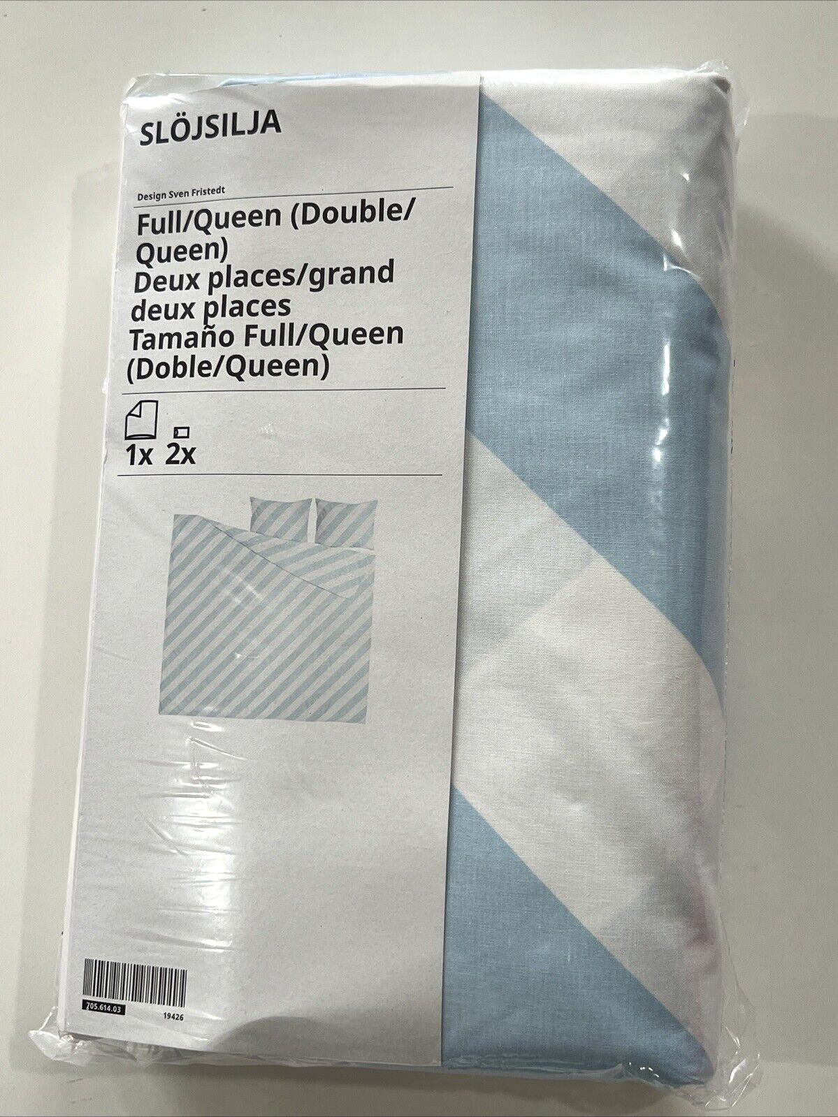 Ikea SLOJSILJA Full Queen Duvet Cover + 2 Pillowcases Light Blue White Stripe