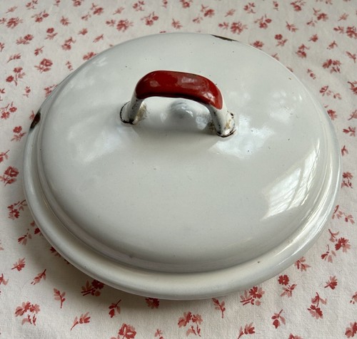 Tapa de olla esmaltada blanca vintage de 5,25"" con borde blanco - Imagen 4 de 4