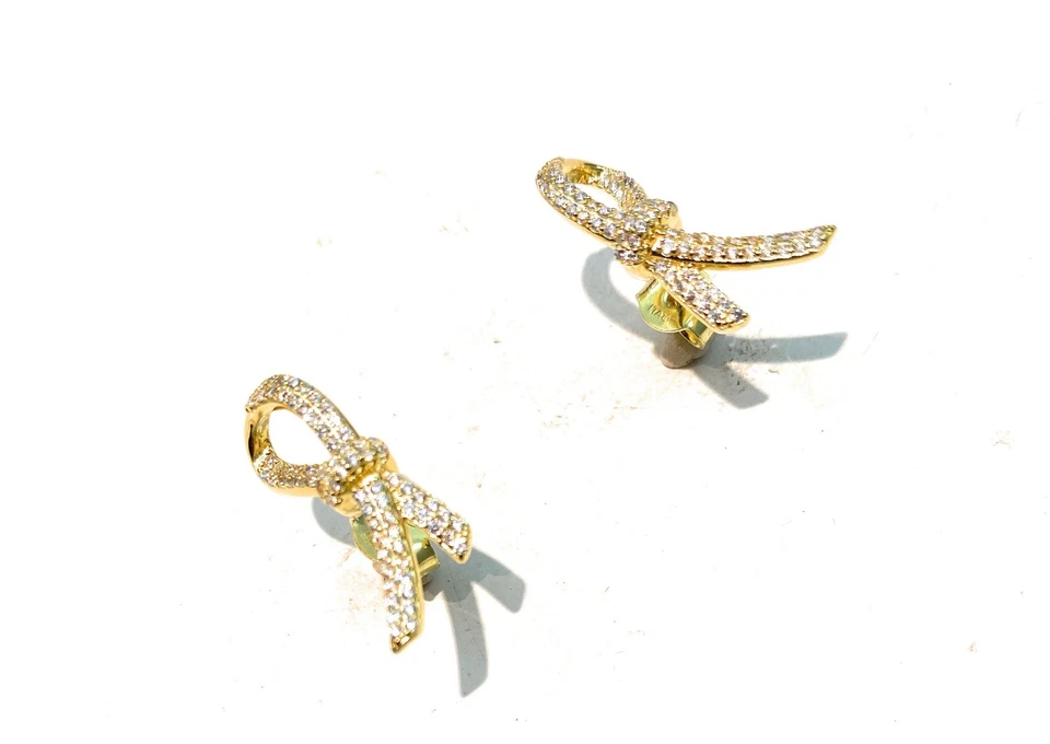 Orecchini Fiocco Oro Giallo Argento 925 con Zirconi – Eleganti – diWa Jewels - Immagine 2 di 3