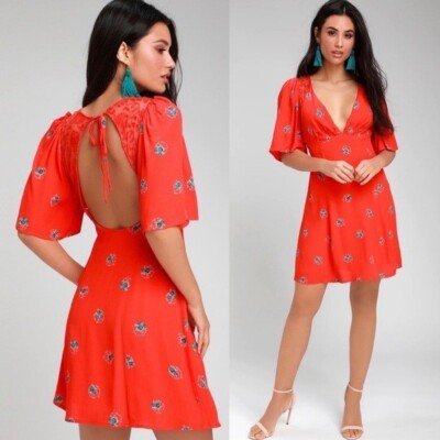 Free People Women's Mockingbird Backless Lace Mini Dress Coral Red Floral  Small | eBay