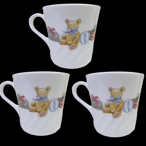 3 Corning Corelle Christmas HOLIDAY MAGIC Teddy Bear Present Swirl MUG Set 
