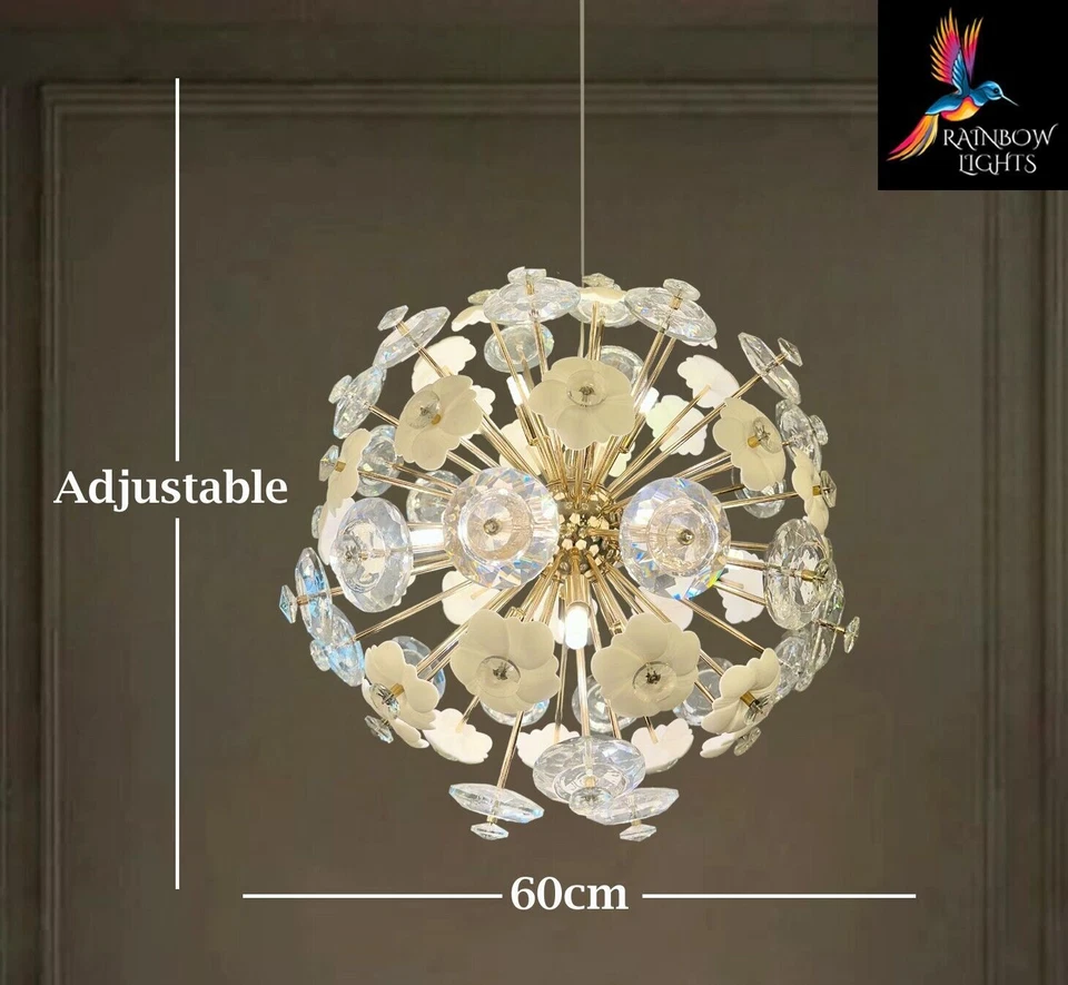 Crystal and Ceramic White Flowers Dandelion-Shaped Sputnik Chandelier - Image 2 of 4