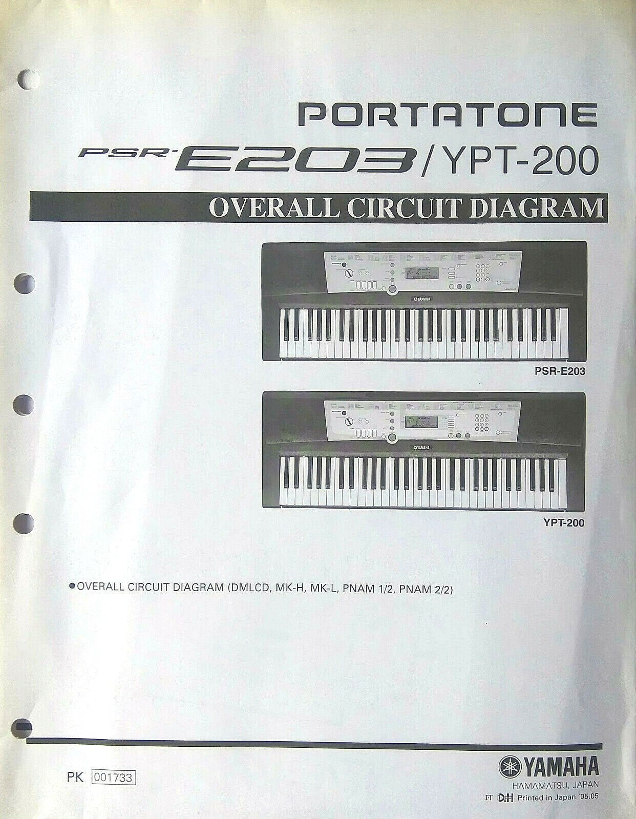 Yamaha PSR-E203 YPT-200 Keyboard Original Overall Circuit Diagram / Schematics 