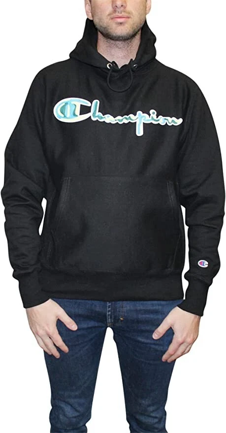 Champion Life Reverse Weave Black Hoodie w Light Blue Tackle