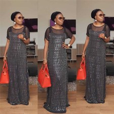 African Summer Women Sequin Long Maxi Dress Evening Party Prom Gown Short Sleeve