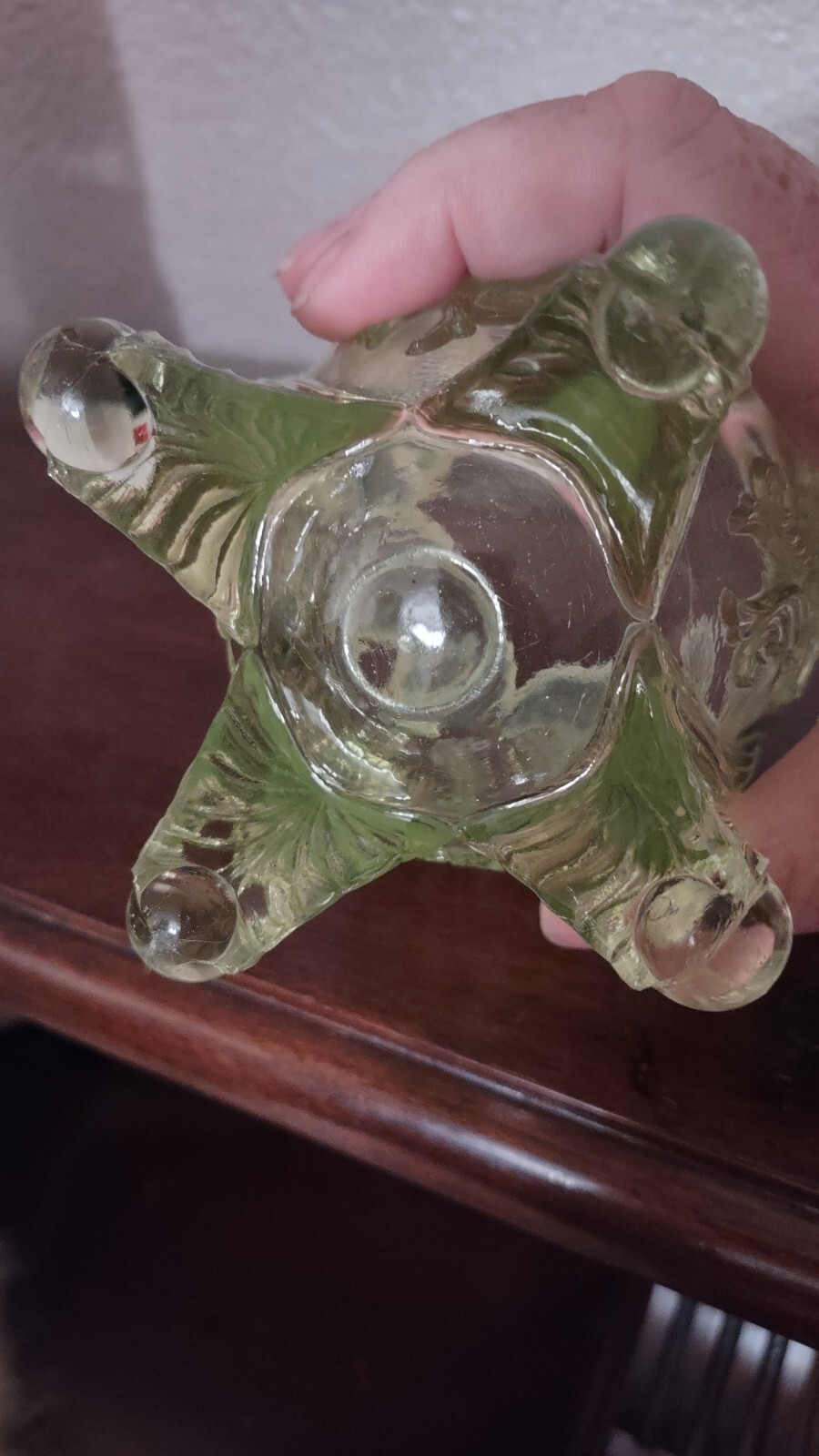 Vaseline Opalescent Footed Vase "Inverted Fan and Feather" by Northwood