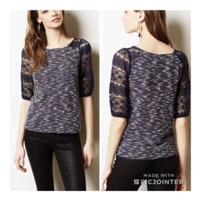 Postmark Anthropologie Blue White Marled 3/4 Lace Sleeve Top Blouse Shirt Sz M